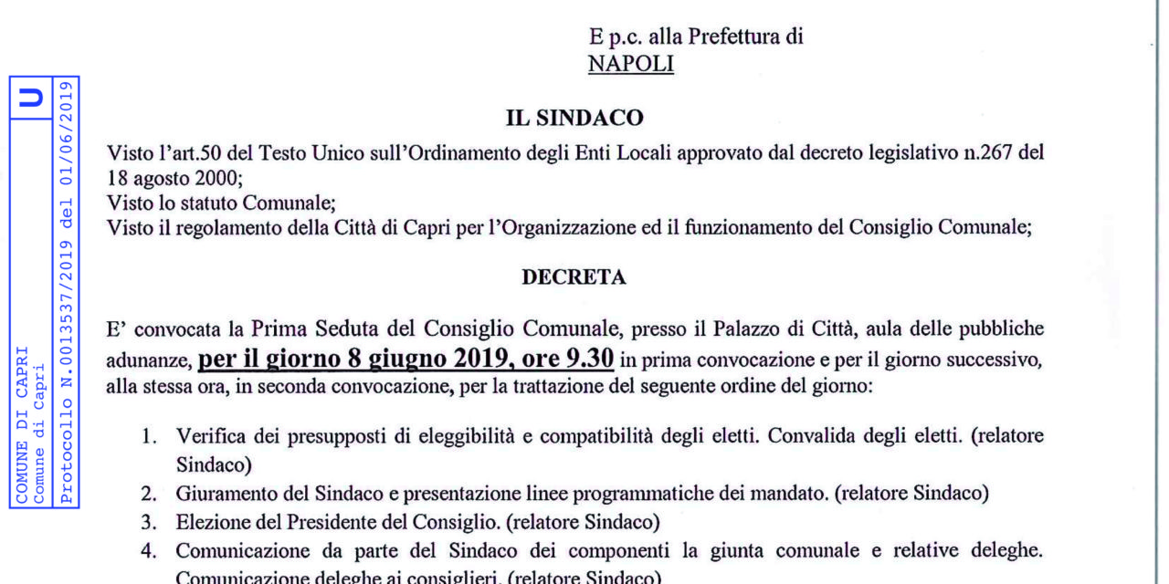 PRIMO CONSIGLIO COMUNALE DELLA NUOVA AMMINISTRAZIONE