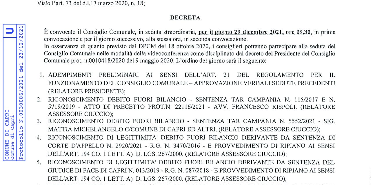 MERCOLEDI’ CONSIGLIO COMUNALE PER I DEBITI FUORI BILANCIO, BORSA DI STUDIO E MODIFICHE AL PORTO TURISTICO