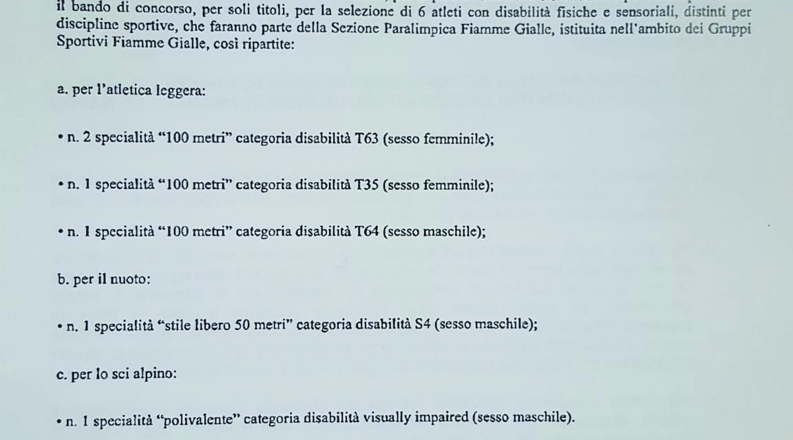 GDF: PROCEDURA DI SELEZIONE ATLETI SEZIONE PARALIMPICA